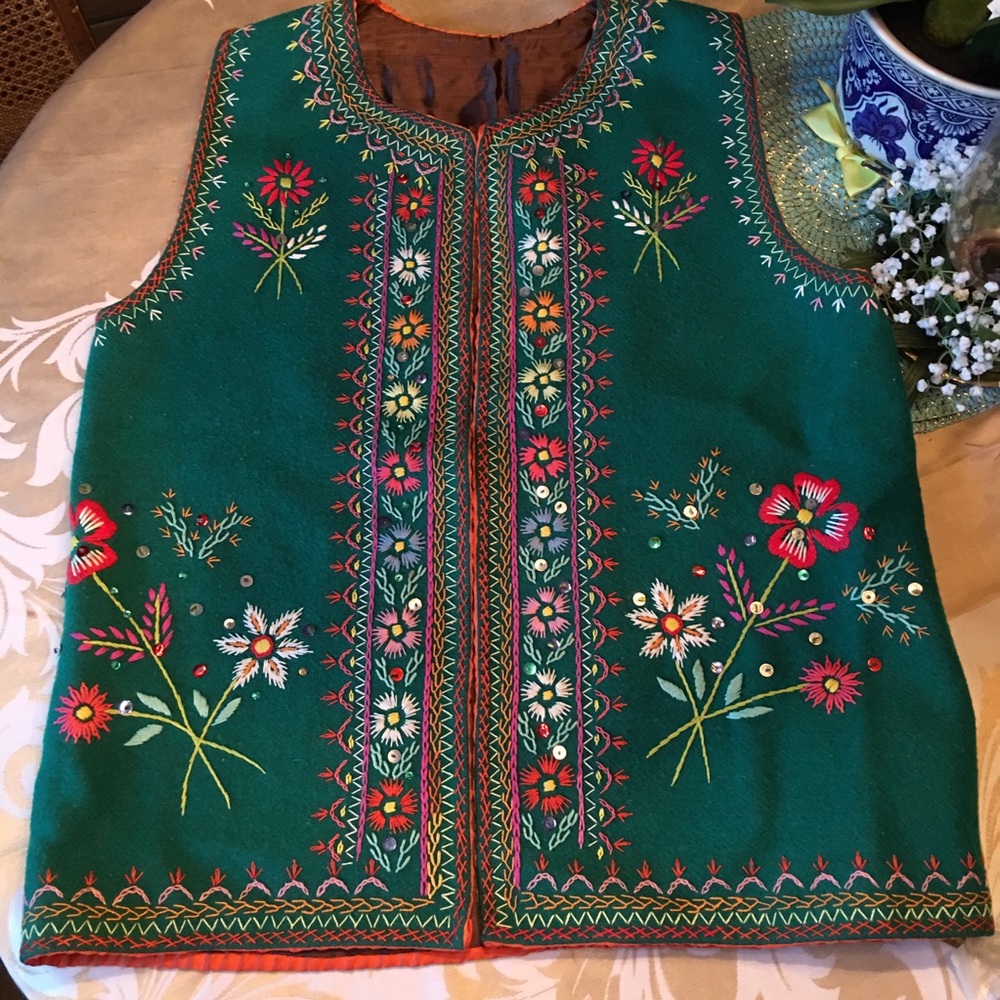 Vintage Polish green felt embroidered vest